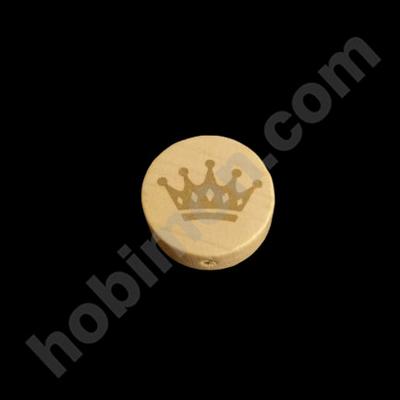 Ahşap Renk Taç Baskılı Ahşap Boncuk - 20 mm