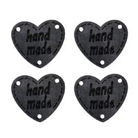B56 - Handmade Kalp Deri Etiket (4 Adet) - 23 mm Siyah
