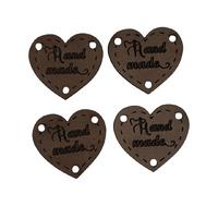 B89 - Handmade Kalp 2 Deri Etiket (4 Adet) - 23 mm Koyu Kahve