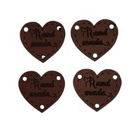 B90 - Handmade Kalp 2 Deri Etiket (4 Adet) - 23 mm Kahverengi