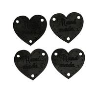 B91 - Handmade Kalp 2 Deri Etiket (4 Adet) - 23 mm Siyah