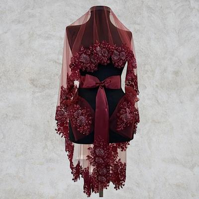 Bordo İnce Kenar Gelin Duvağı - Kemer - Eldiven