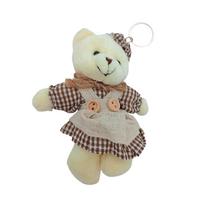 Ekose Desenli Kahvengi Elbiseli Ayıcık Anahtarlık & Çanta Süsü - 12 cm