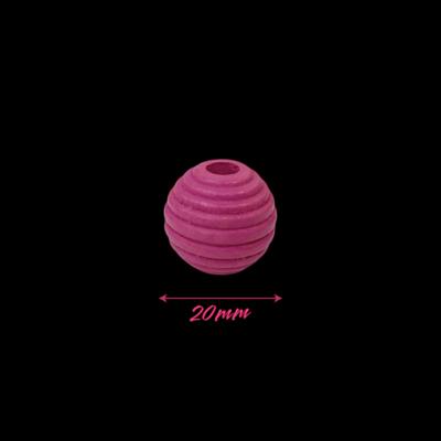 Fuşya Ahşap Çizgili Top Boncuk - 20 mm