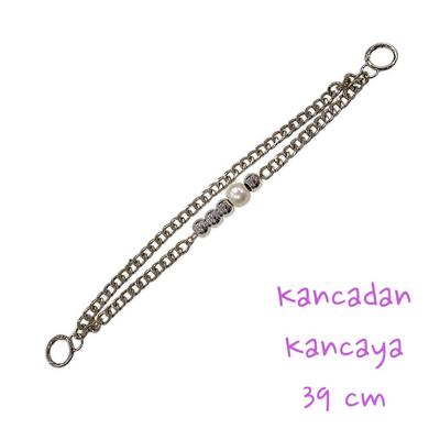 İnci Boncuklu Zincirli Çanta Sapı 39 cm - Gümüş