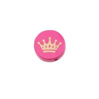 Koyu Pembe Taç Baskılı Ahşap Boncuk - 20 mm