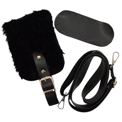 Siyah Peluş Kürk Kapaklı Askılı Telefon Çanta Kiti